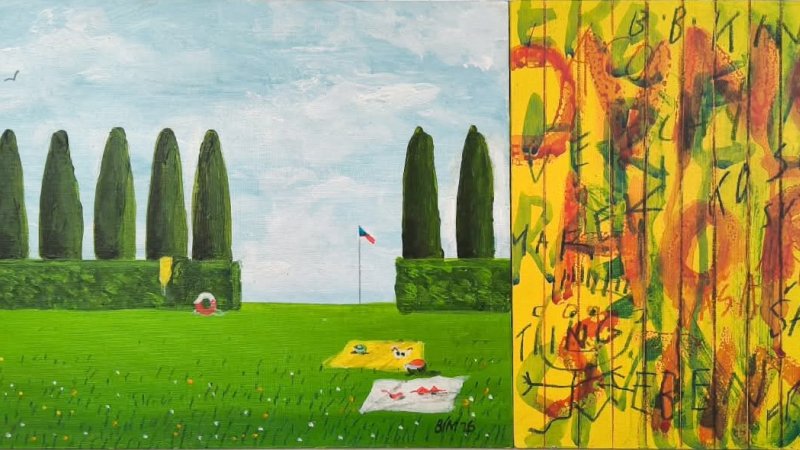 16.Tomáš Bím, Plot osobností Na plovárně, akryl na plátně, 20 x 50 cm